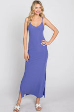 PinkBlush Stylish Violet Ribbed Maxi Dress with Side Slit for Casual Women - Apparel & Accessories > Clothing > Dresses