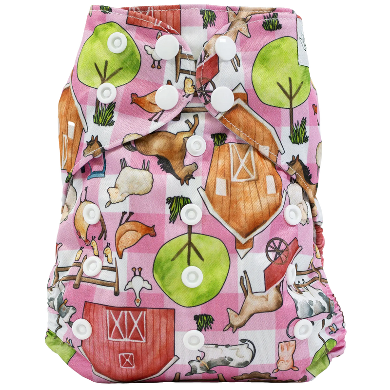 Slim Fit Pocket Cloth Diaper with barnyard print and adjustable snaps.