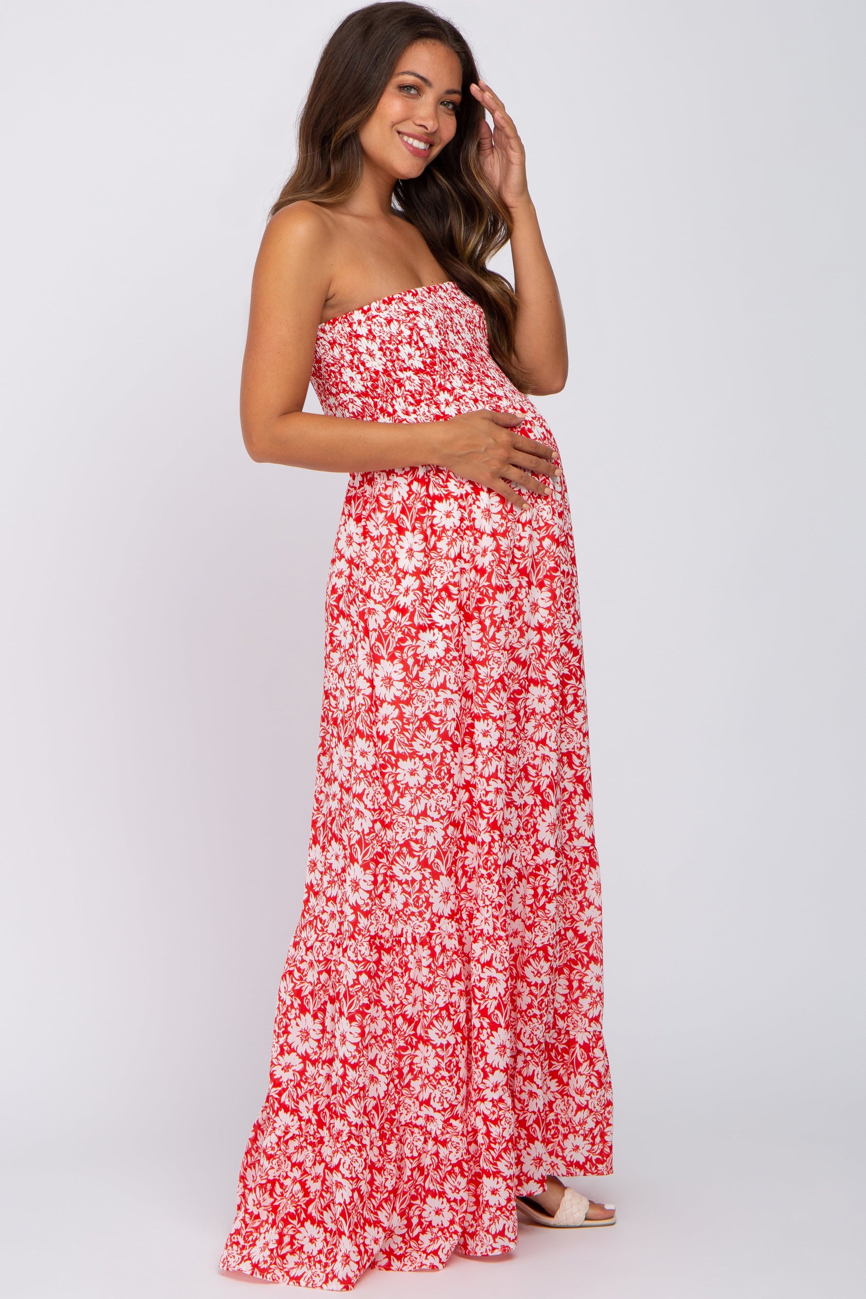 Red Floral Strapless Smocked Maternity Maxi Dress by PinkBlush at Everetts Place