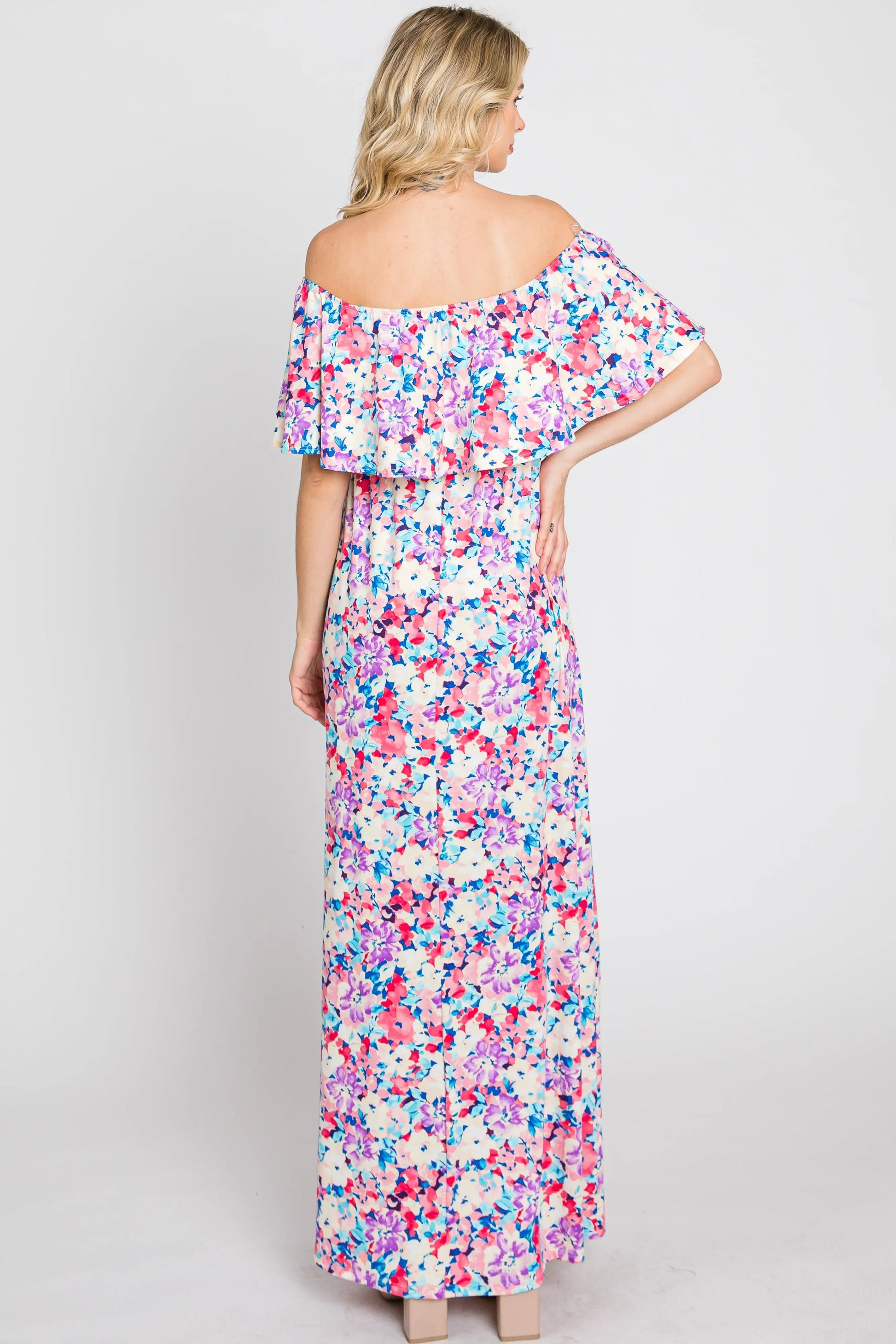 PinkBlush Elegant Pink Floral Maxi Dress with Off Shoulder Design for Women - Apparel & Accessories > Clothing > Dresses