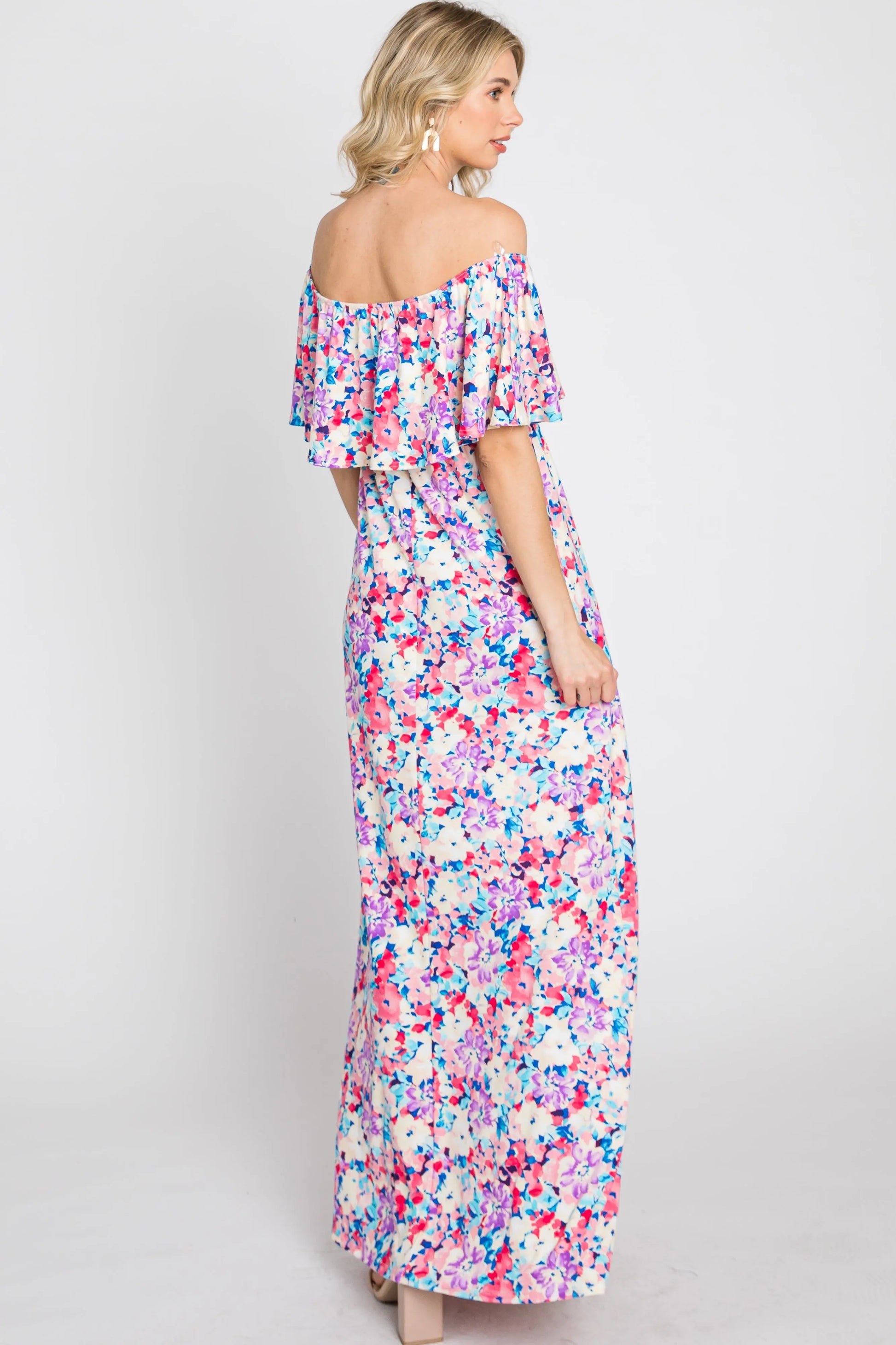 PinkBlush Elegant Pink Floral Maxi Dress with Off Shoulder Design for Women - Apparel & Accessories > Clothing > Dresses