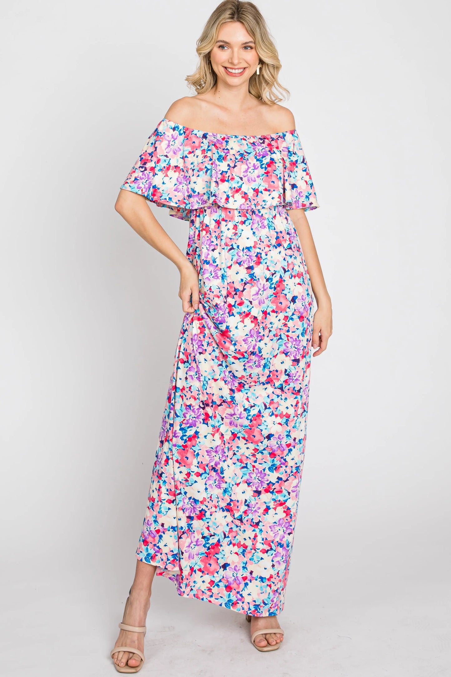 PinkBlush Elegant Pink Floral Maxi Dress with Off Shoulder Design for Women - Apparel & Accessories > Clothing > Dresses