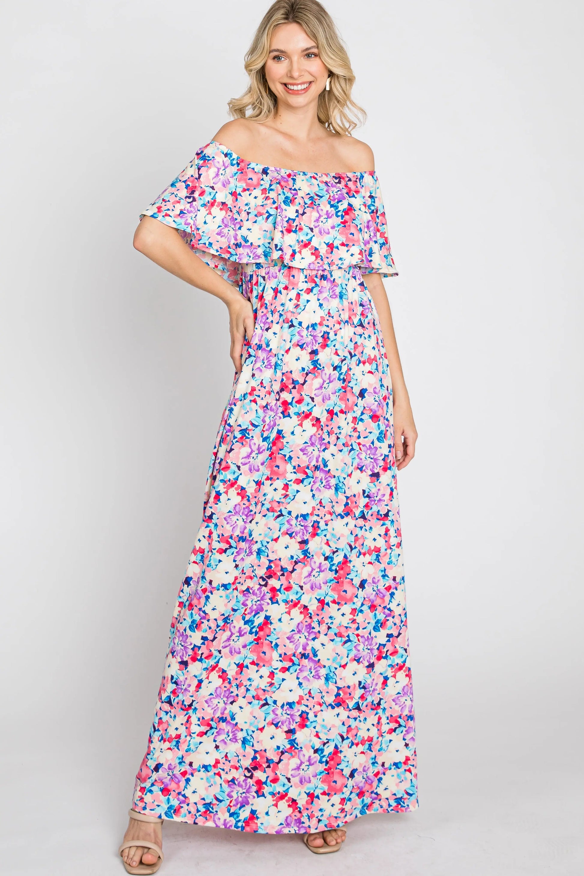 PinkBlush Elegant Pink Floral Maxi Dress with Off Shoulder Design for Women - Apparel & Accessories > Clothing > Dresses