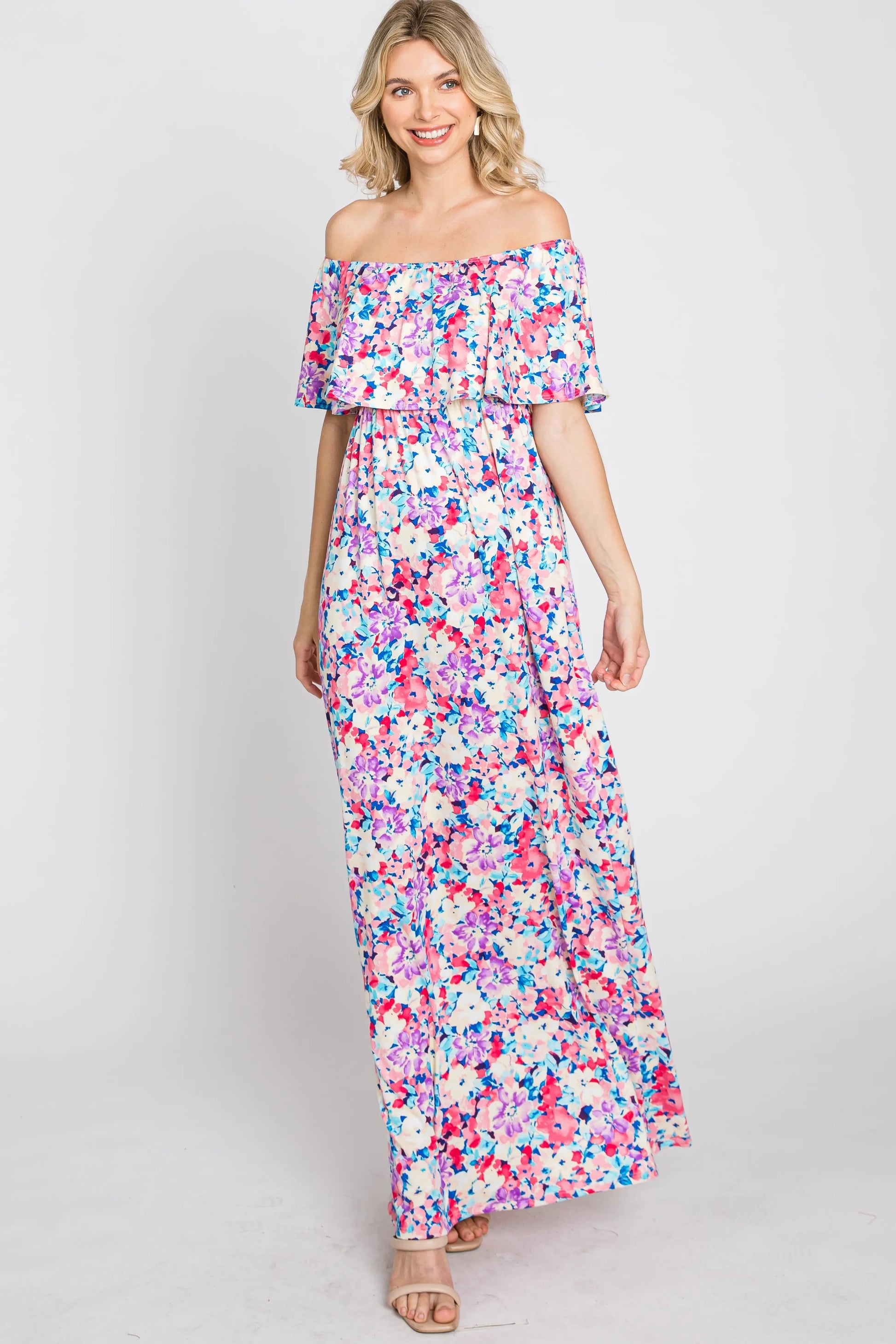 PinkBlush Elegant Pink Floral Maxi Dress with Off Shoulder Design for Women - Apparel & Accessories > Clothing > Dresses