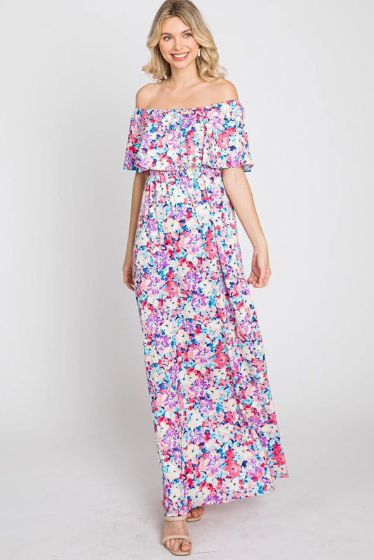 PinkBlush Elegant Pink Floral Maxi Dress with Off Shoulder Design for Women - Apparel & Accessories > Clothing > Dresses