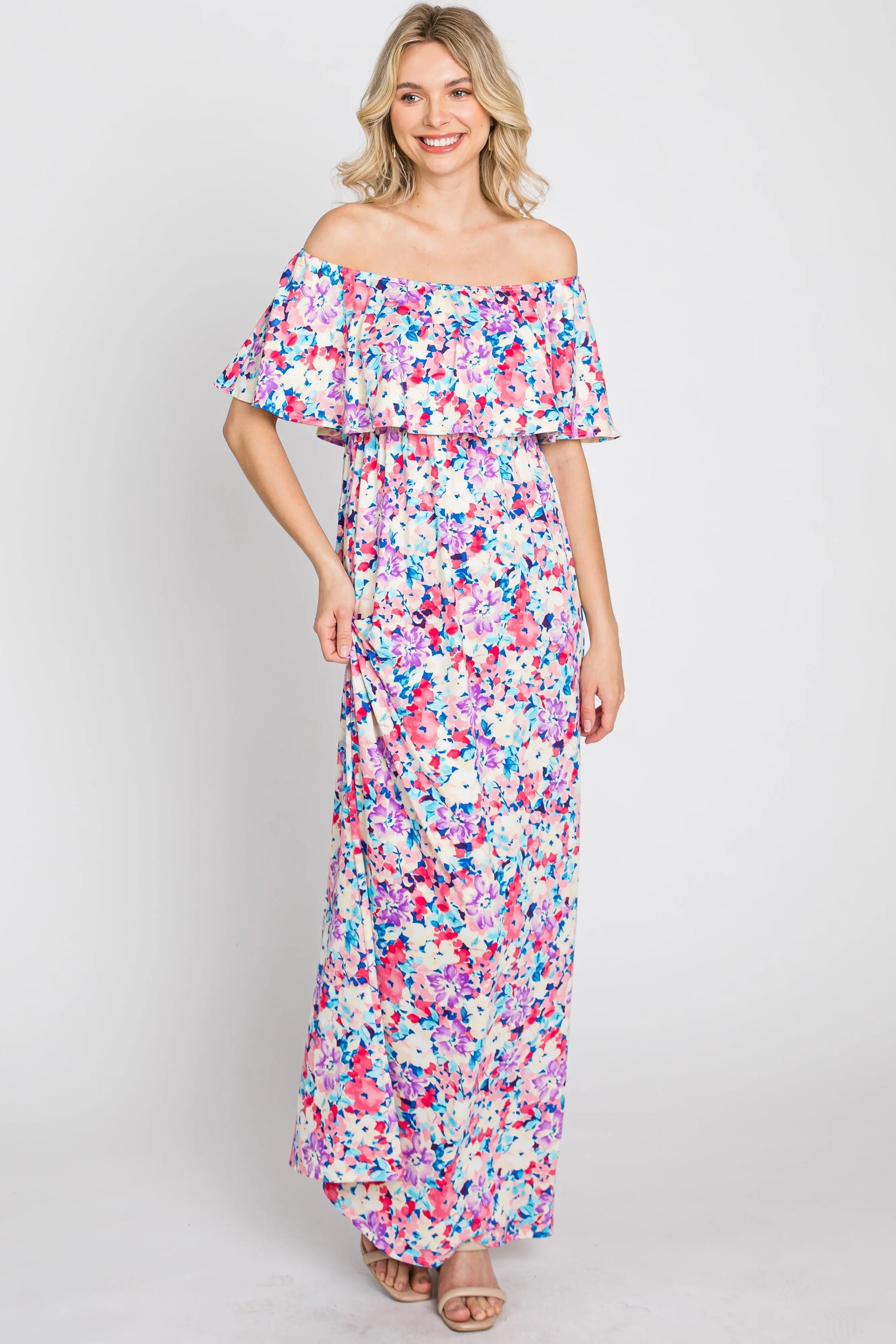 PinkBlush Elegant Pink Floral Maxi Dress with Off Shoulder Design for Women - Apparel & Accessories > Clothing > Dresses