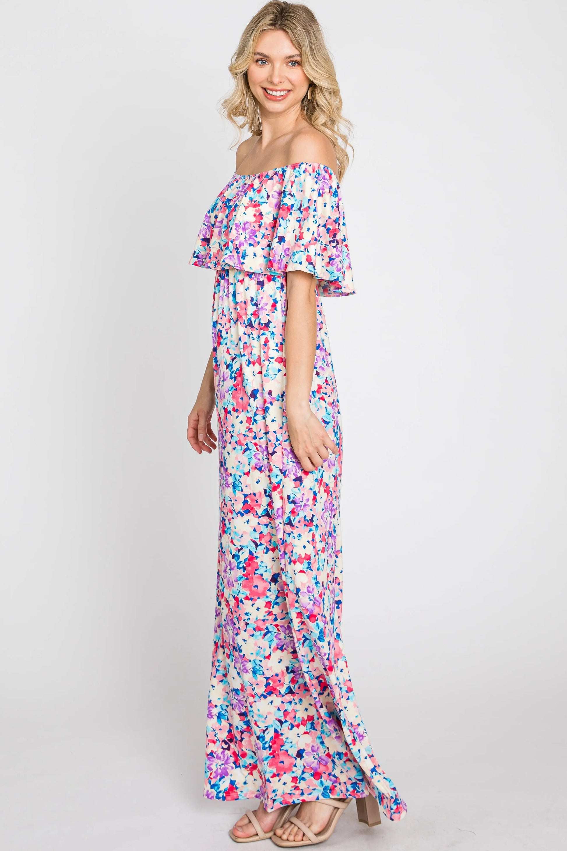 PinkBlush Elegant Pink Floral Maxi Dress with Off Shoulder Design for Women - Apparel & Accessories > Clothing > Dresses