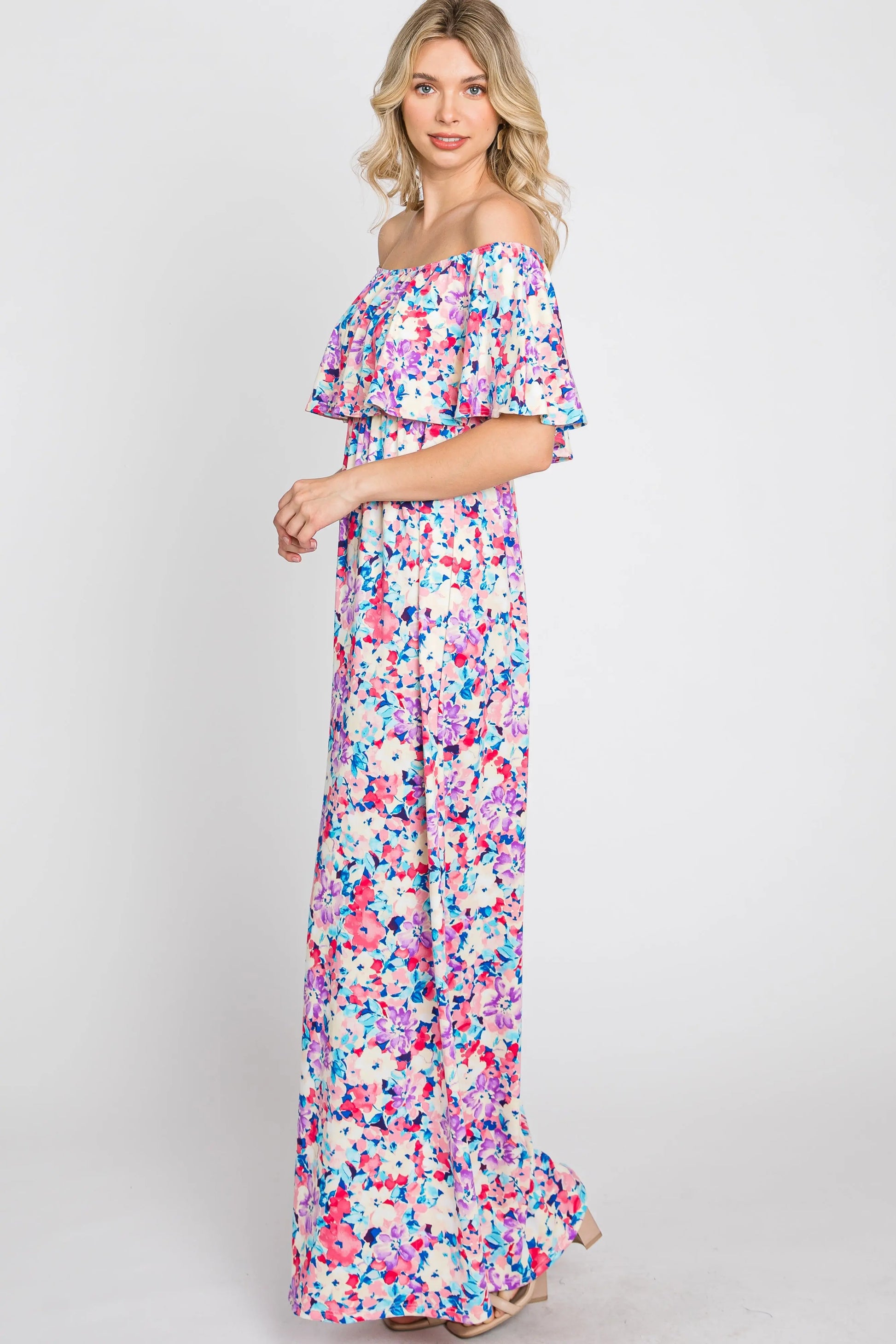 PinkBlush Elegant Pink Floral Maxi Dress with Off Shoulder Design for Women - Apparel & Accessories > Clothing > Dresses