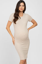 Beige Ribbed Fitted Maternity Dress by PinkBlush at Everetts Place