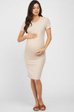 Beige Ribbed Fitted Maternity Dress by PinkBlush at Everetts Place