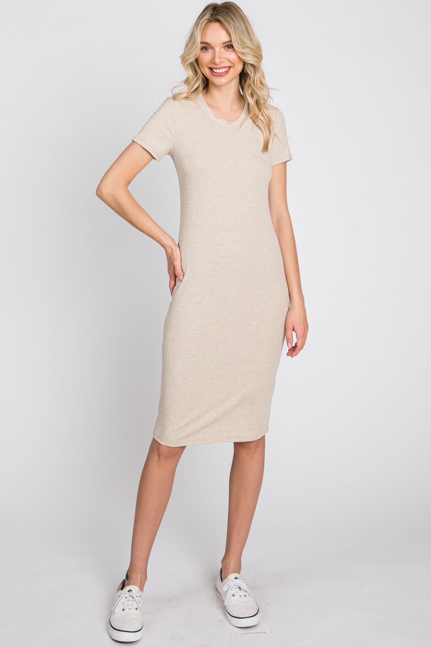 Beige Ribbed Fitted Dress by PinkBlush at Everetts Place