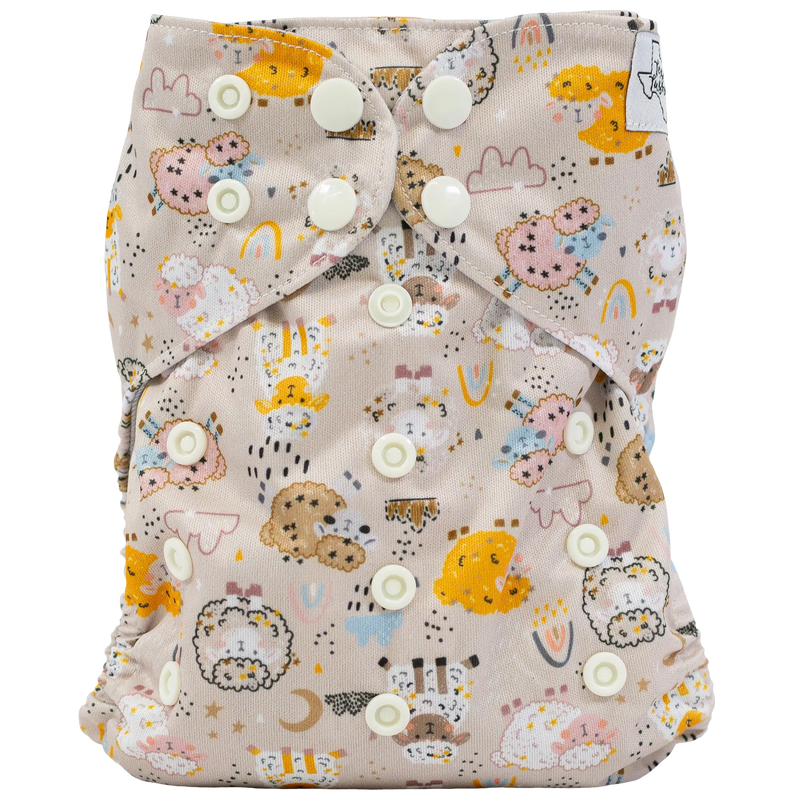 Slim Fit AIO Cloth Diaper with colorful print, adjustable snaps, and athletic wicking jersey material.