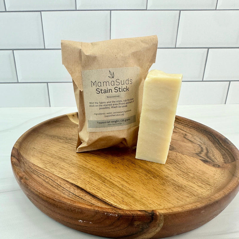 Laundry Stain Stick on wooden tray, eco-friendly packaging.
