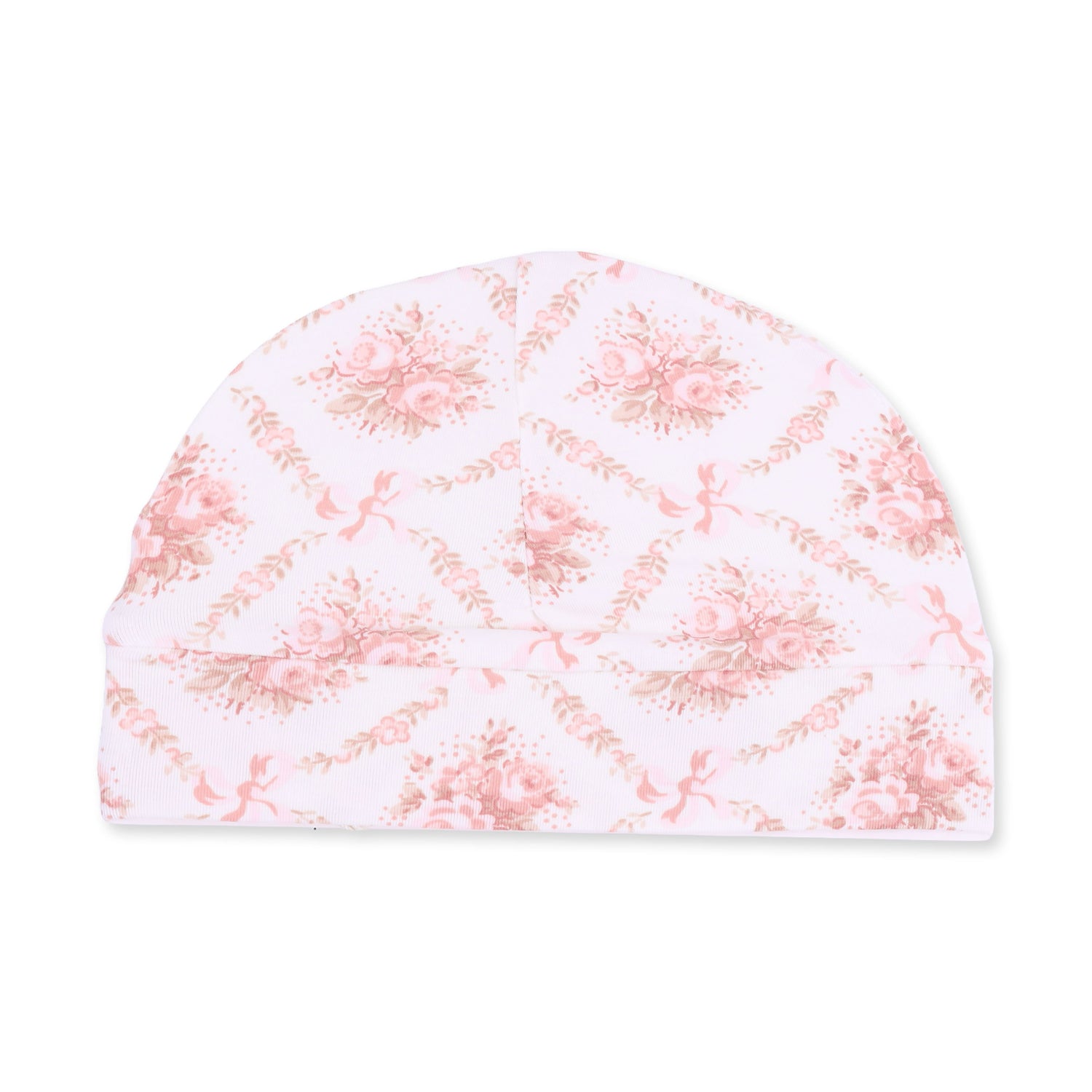 Baby beanie hat in a rose bow lattice print with a soft cuffed brim