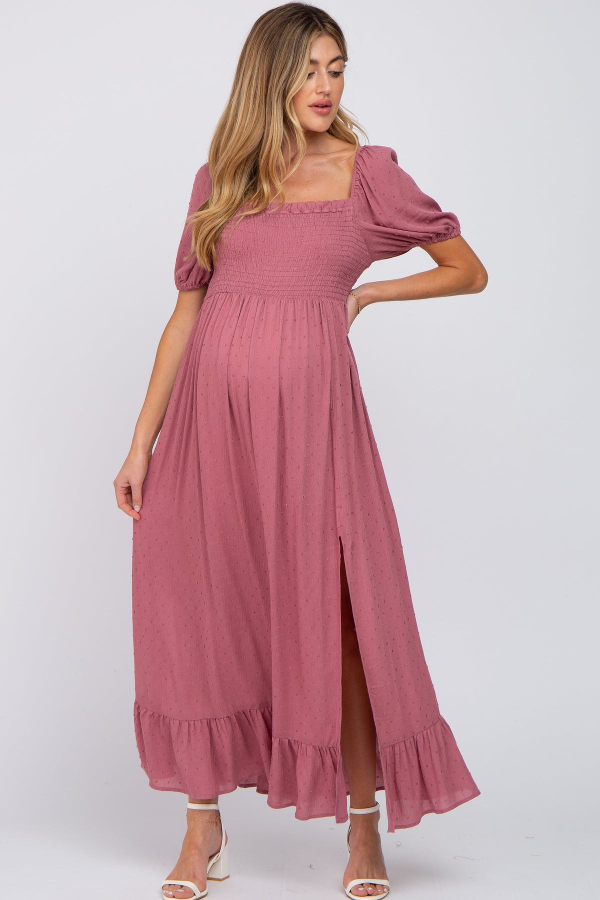 Mauve Swiss Dot Square Neck Smocked Maternity Maxi Dress by PinkBlush