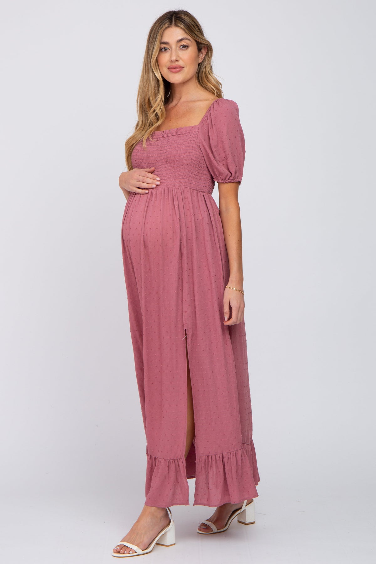 Mauve Swiss Dot Square Neck Smocked Maternity Maxi Dress by PinkBlush