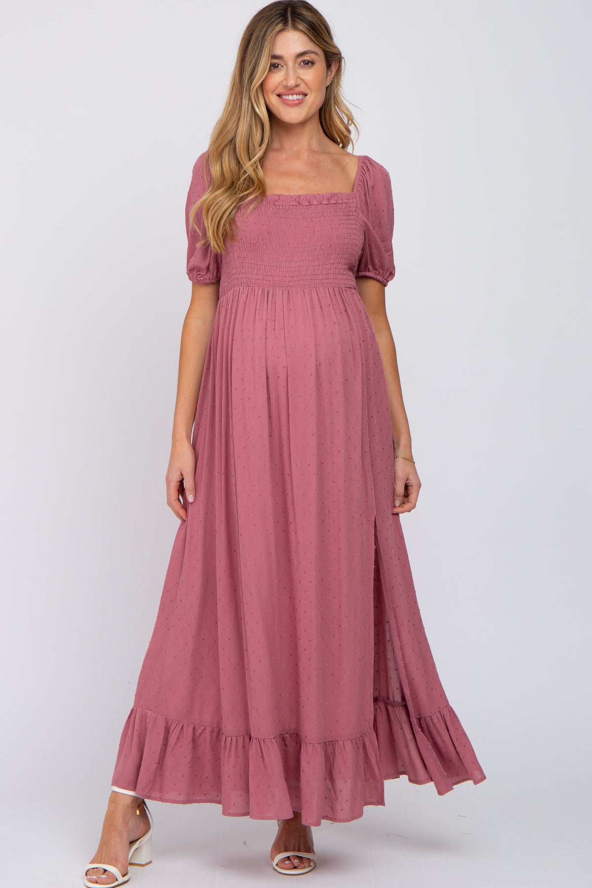 Mauve Swiss Dot Square Neck Smocked Maternity Maxi Dress by PinkBlush