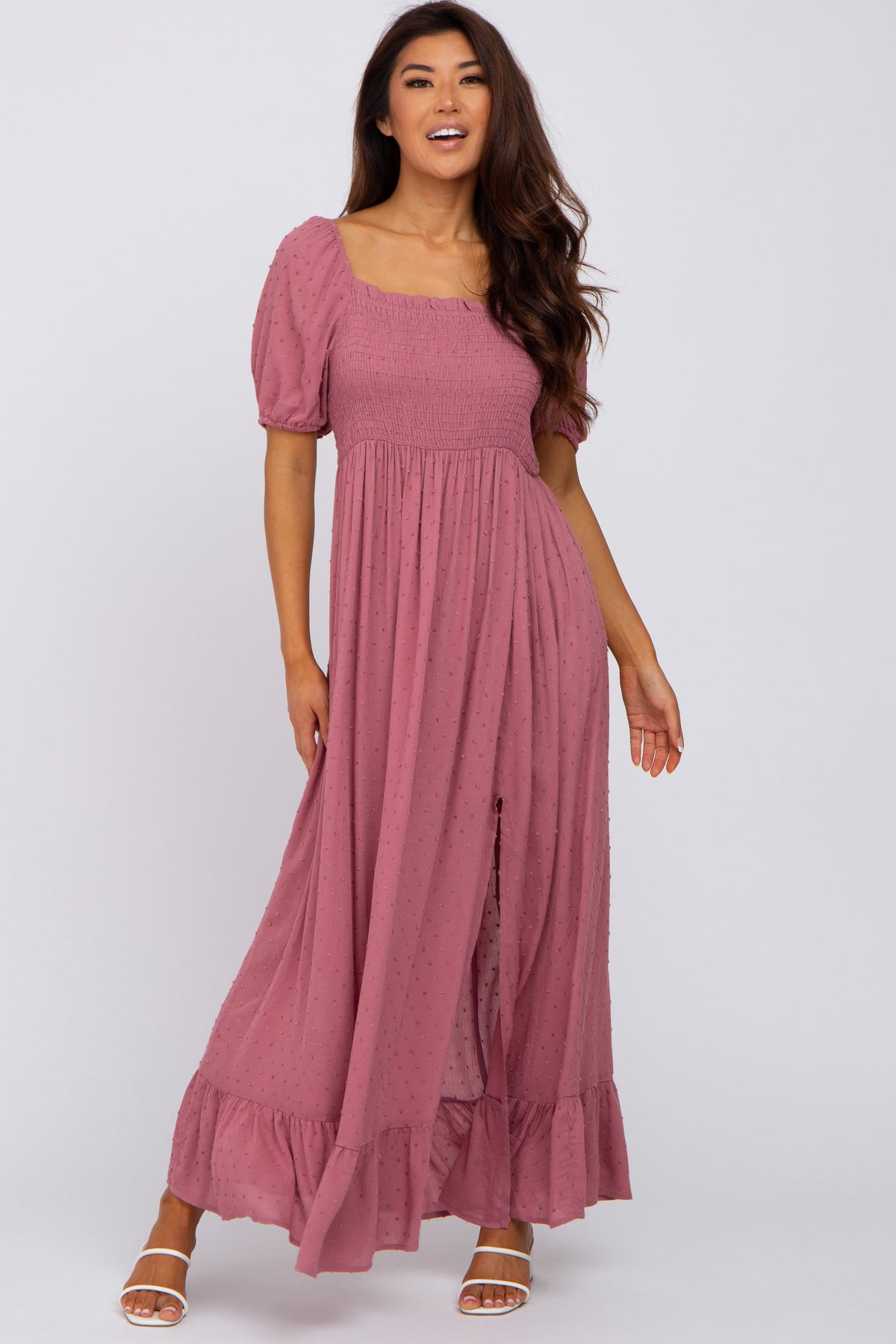 Mauve Swiss Dot Square Neck Smocked Maternity Maxi Dress by PinkBlush