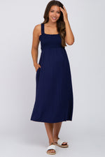 Navy Smocked Ruffle Strap Maternity Midi Dress - Day Dress, One-piece garment, Cocktail dress, Person, Dress | Everetts Place