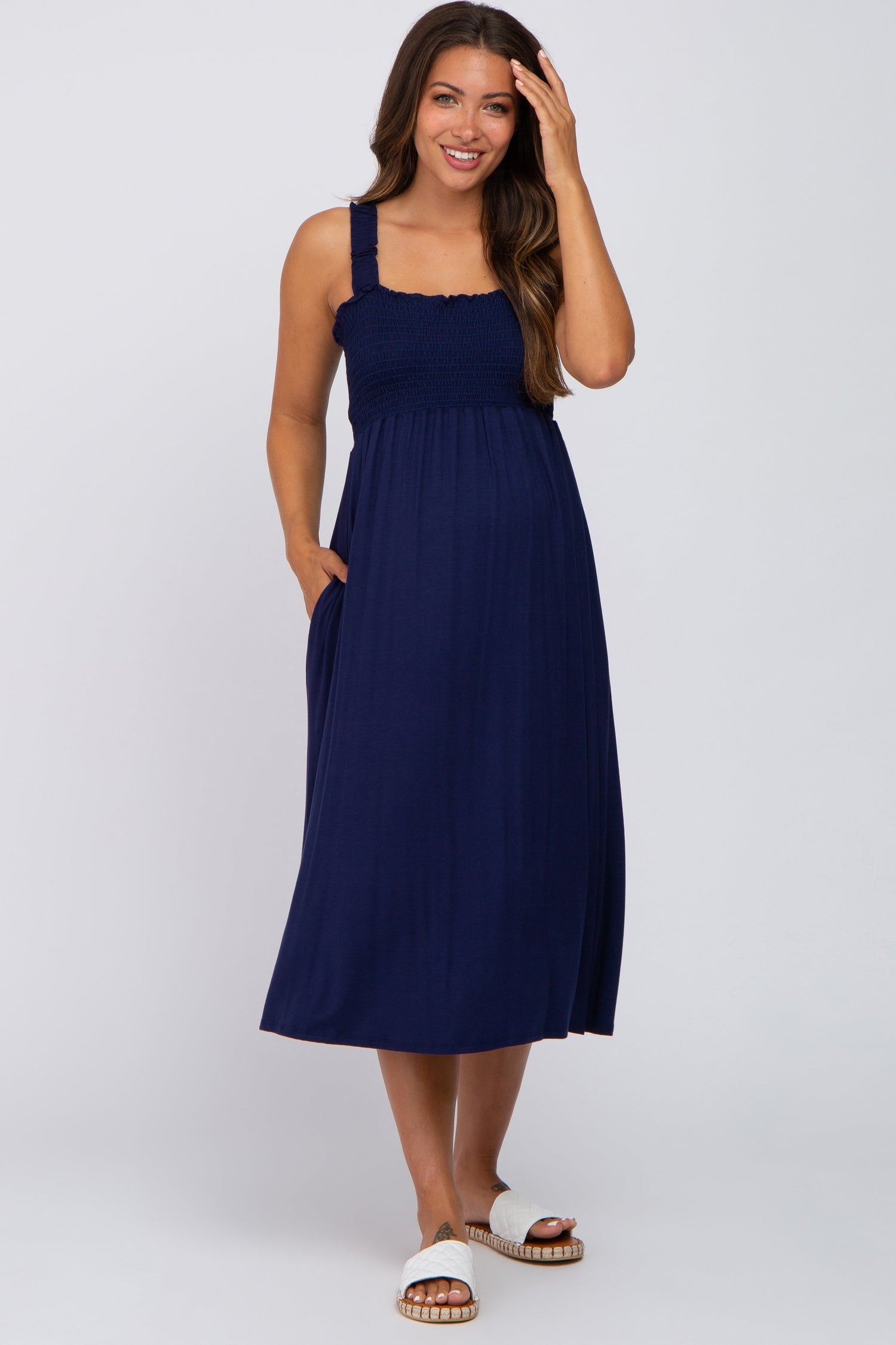 Navy Smocked Ruffle Strap Maternity Midi Dress - Day Dress, One-piece garment, Cocktail dress, Person, Dress | Everetts Place