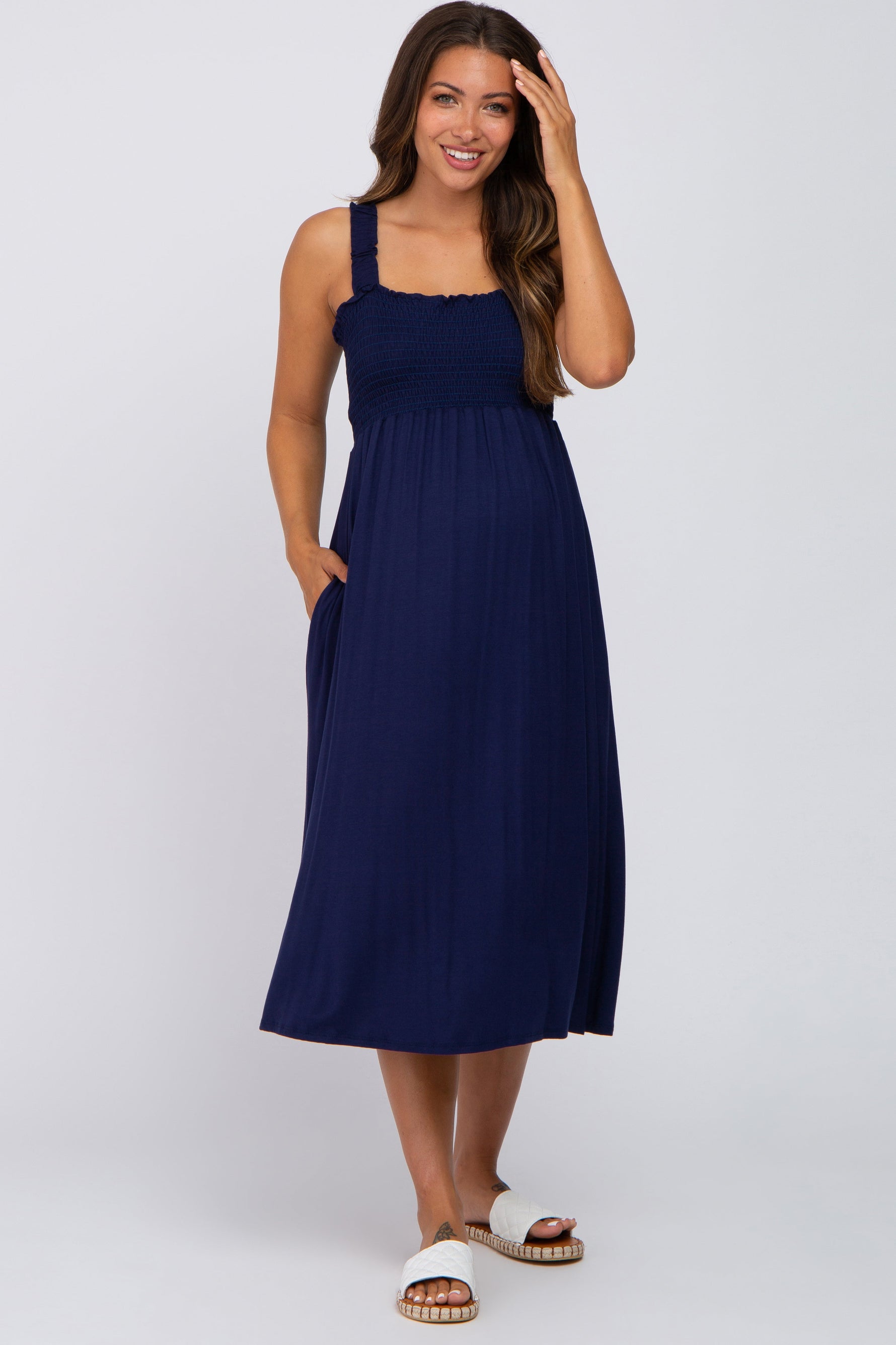 Navy Smocked Ruffle Strap Maternity Midi Dress - Day Dress, One-piece garment, Cocktail dress, Person, Dress | Everetts Place