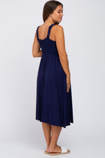 Navy Smocked Ruffle Strap Maternity Midi Dress by PinkBlush at Everetts Place