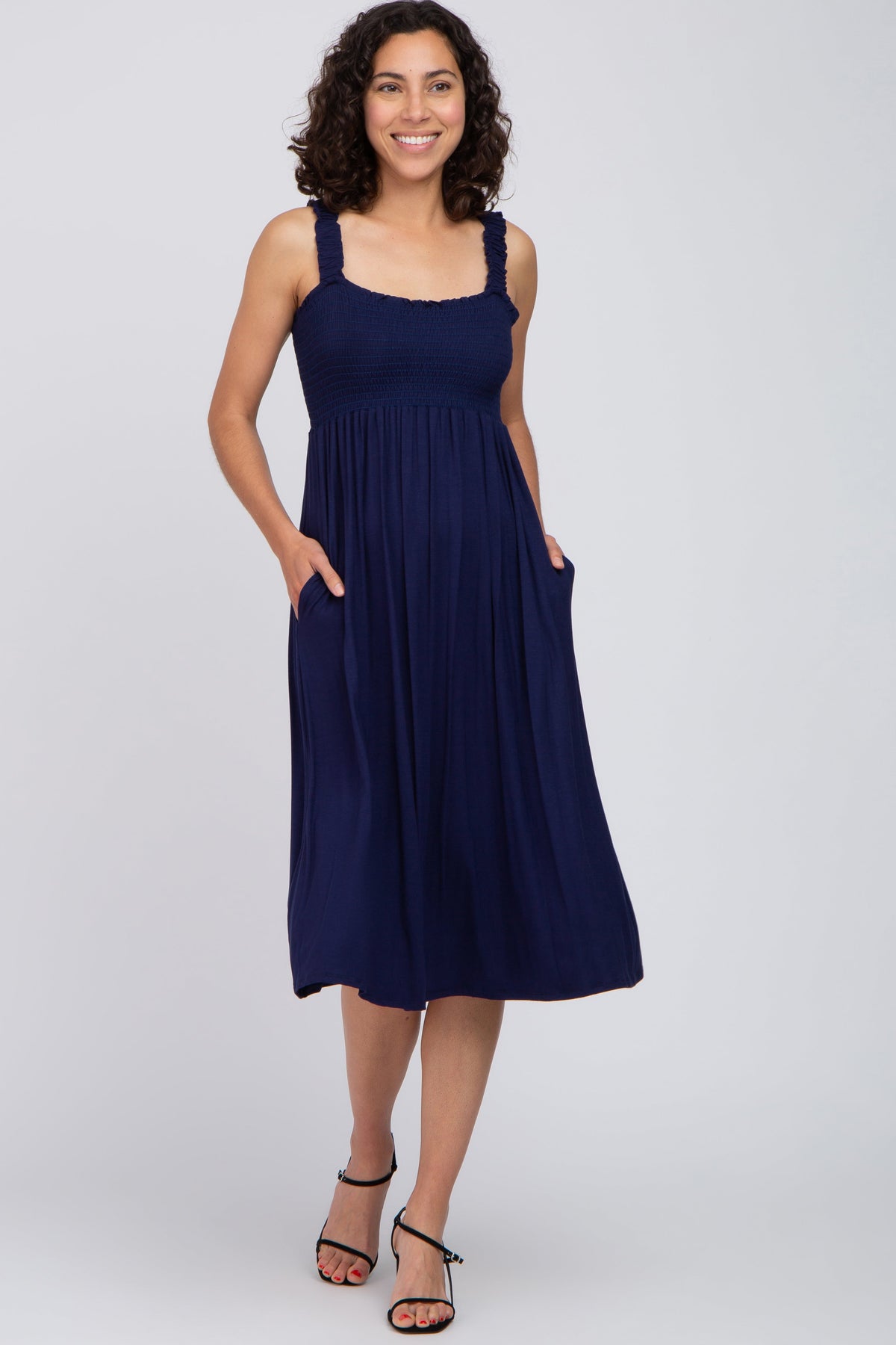 Navy Smocked Ruffle Strap Maternity Midi Dress by PinkBlush at Everetts Place