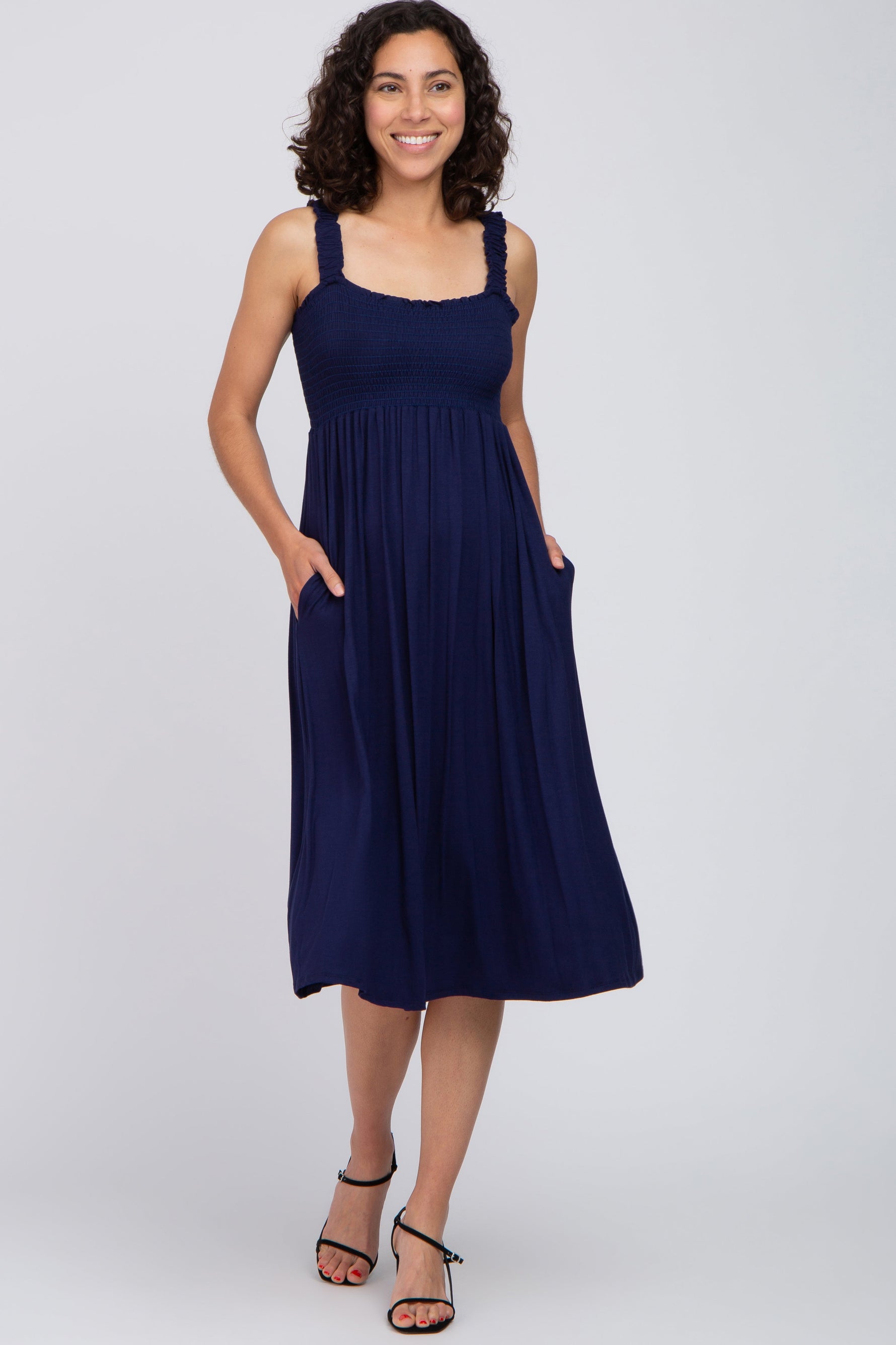 Navy Smocked Ruffle Strap Maternity Midi Dress by PinkBlush at Everetts Place