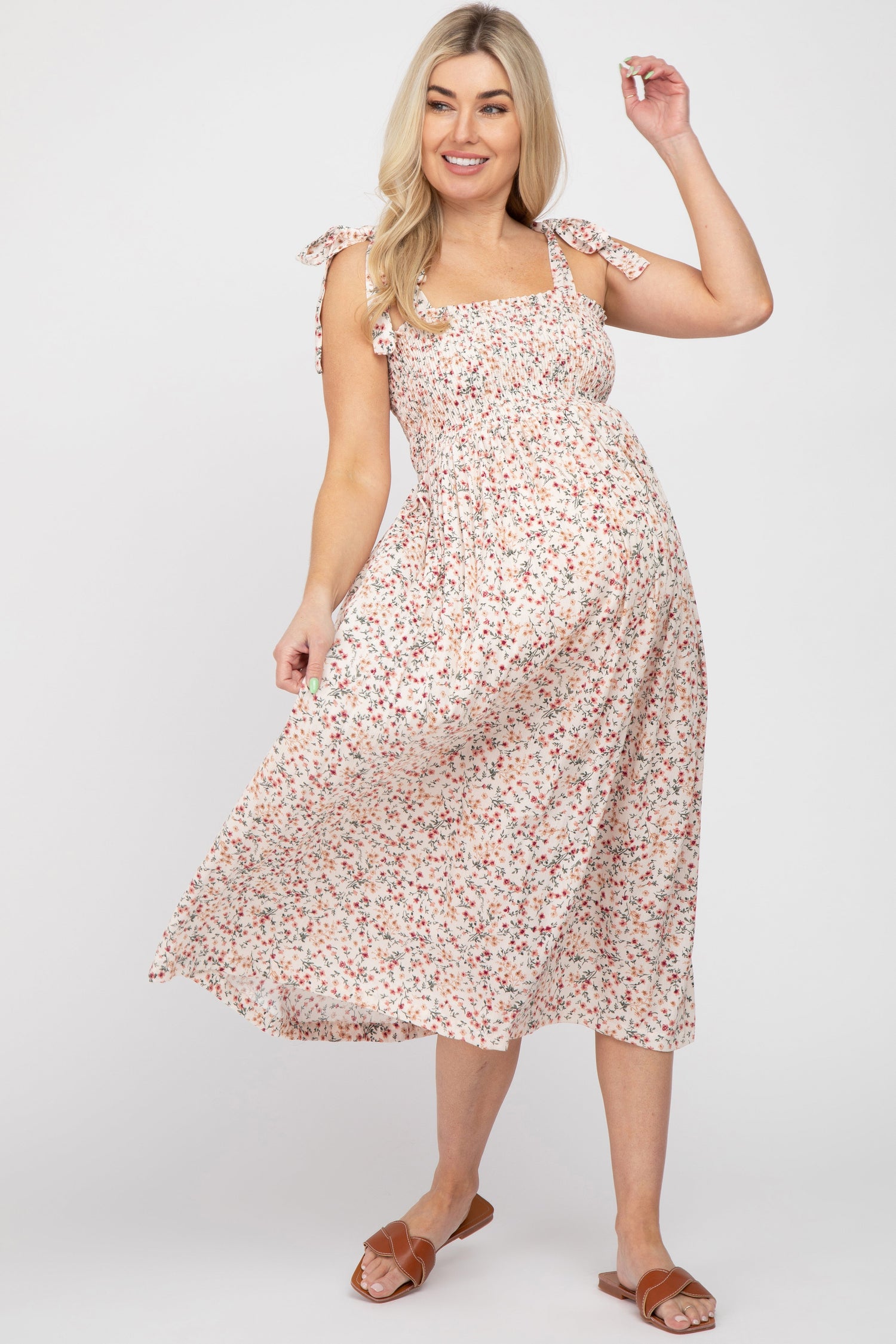 Cream Floral Smocked Maternity Midi Dress