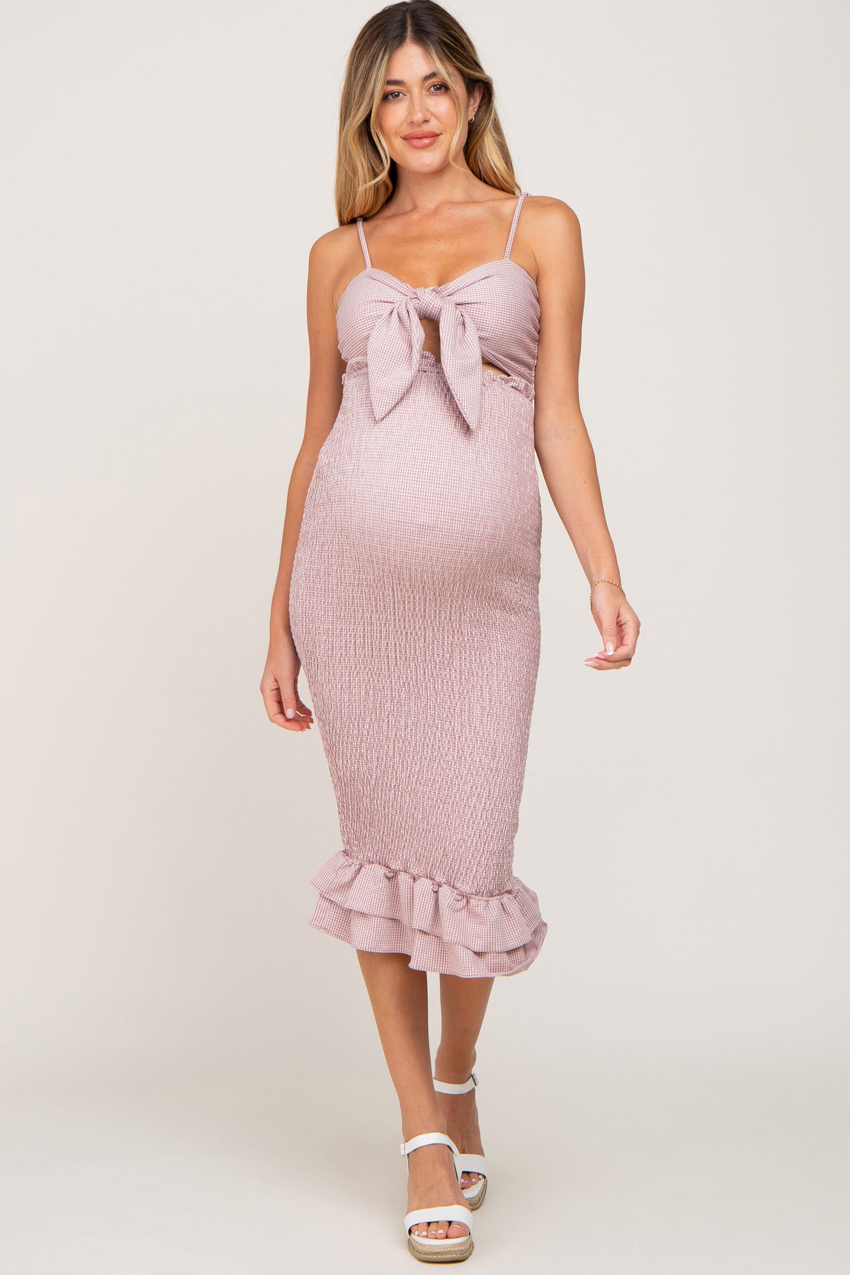 Mauve Gingham Print Smocked Fitted Self-Tie Maternity Midi Dress by PinkBlush (view 1 of 14)