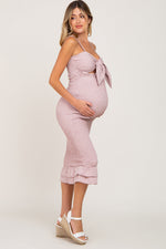 Mauve Gingham Print Smocked Fitted Self-Tie Maternity Midi Dress by PinkBlush (view 3 of 14)