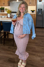 Mauve Gingham Print Smocked Fitted Self-Tie Maternity Midi Dress by PinkBlush (view 6 of 14)