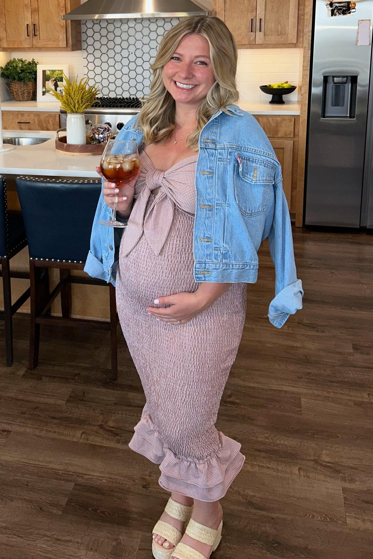 Mauve Gingham Print Smocked Fitted Self-Tie Maternity Midi Dress by PinkBlush (view 6 of 14)