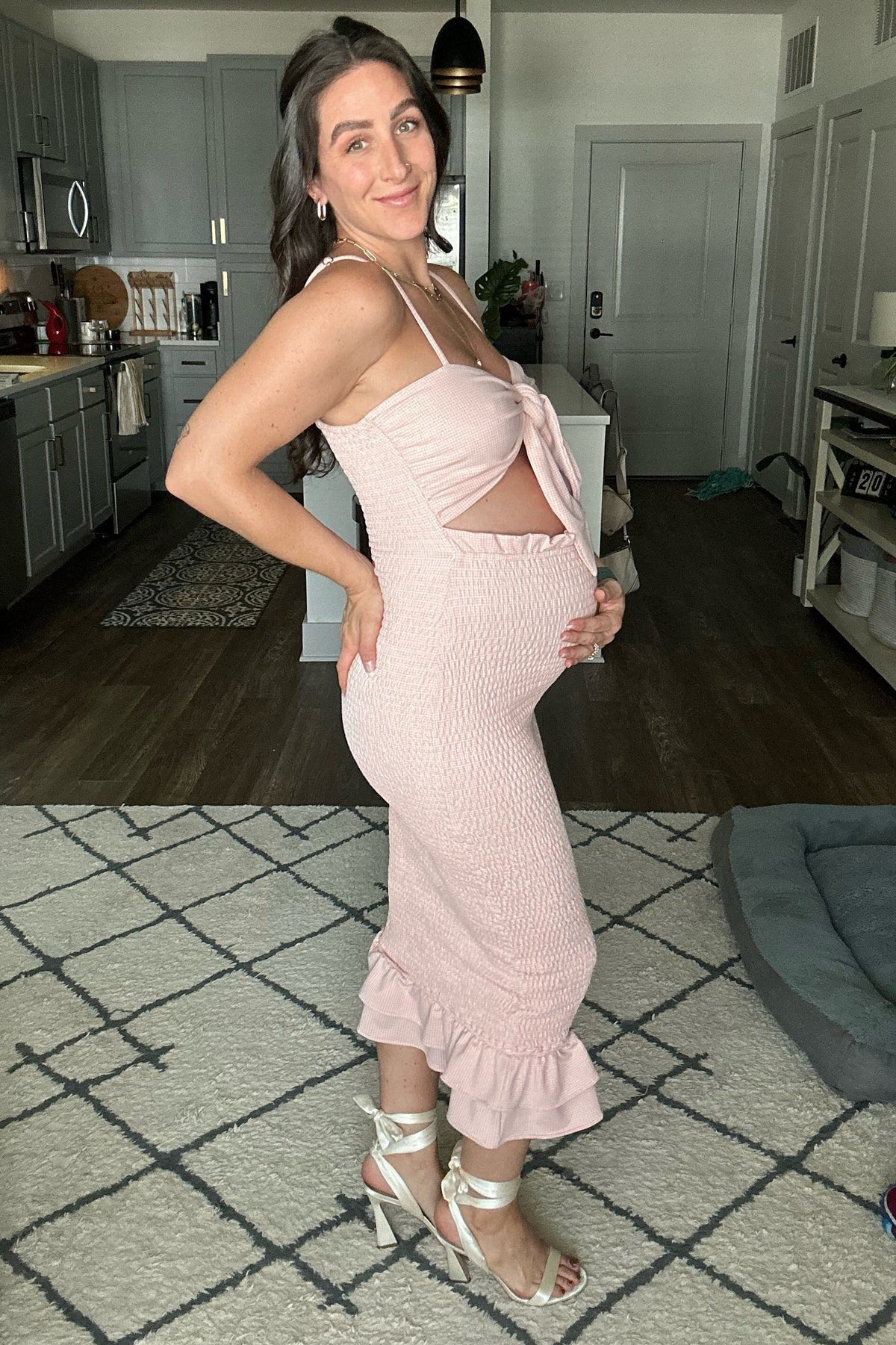 Mauve Gingham Print Smocked Fitted Self-Tie Maternity Midi Dress by PinkBlush (view 8 of 14)