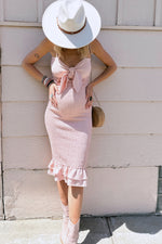 Mauve Gingham Print Smocked Fitted Self-Tie Maternity Midi Dress by PinkBlush (view 2 of 14)