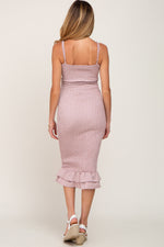 Mauve Gingham Print Smocked Fitted Self-Tie Maternity Midi Dress by PinkBlush (view 4 of 14)