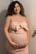 Mauve Gingham Print Smocked Fitted Self-Tie Maternity Midi Dress by PinkBlush (view 11 of 14)