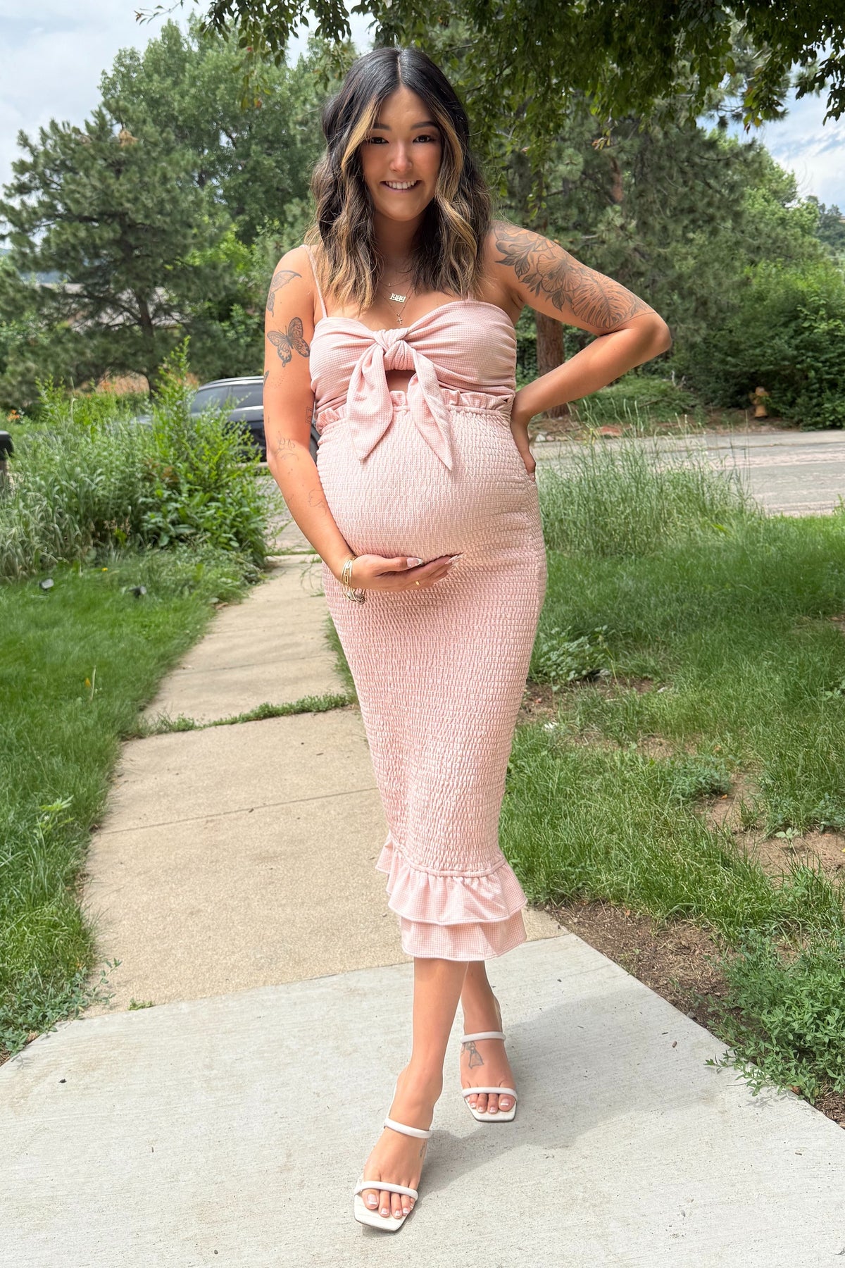 Mauve Gingham Print Smocked Fitted Self-Tie Maternity Midi Dress by PinkBlush (view 13 of 14)