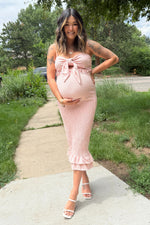 Mauve Gingham Print Smocked Fitted Self-Tie Maternity Midi Dress by PinkBlush (view 13 of 14)