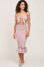 Mauve Gingham Print Smocked Fitted Self-Tie Maternity Midi Dress by PinkBlush (view 14 of 14)