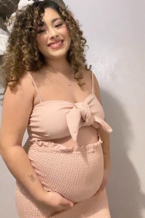 Mauve Gingham Print Smocked Fitted Self-Tie Maternity Midi Dress by PinkBlush (view 7 of 14)