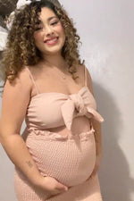 Mauve Gingham Print Smocked Fitted Self-Tie Maternity Midi Dress by PinkBlush (view 7 of 14)