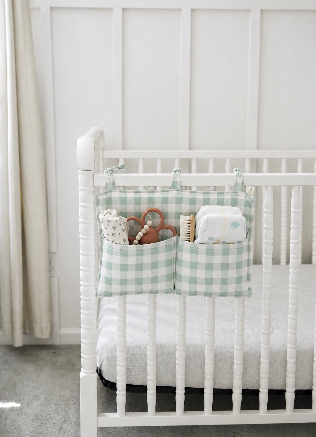 Light Green Checkered Crib Organizer by Little Mae & Co
