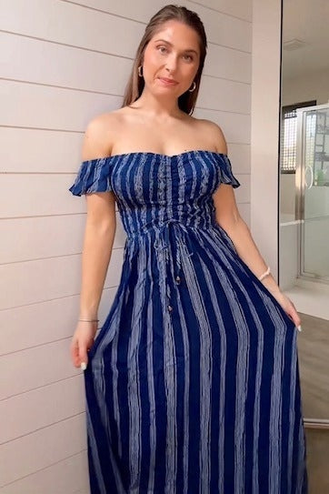 Navy Blue Striped Off Shoulder Front Tie Maxi Dress by PinkBlush (view 6 of 6)