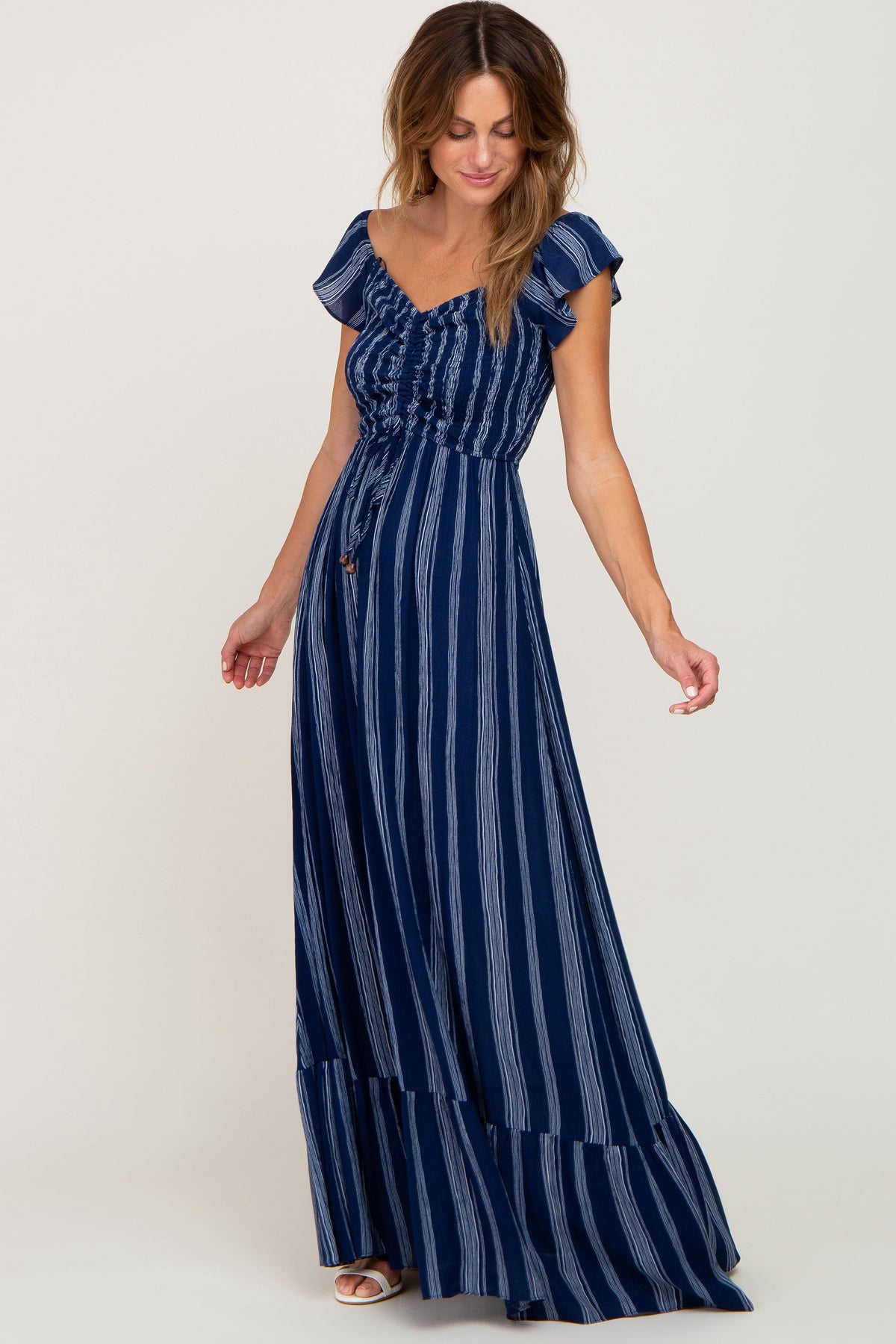 Navy Blue Striped Off Shoulder Front Tie Maxi Dress by PinkBlush (view 1 of 6)