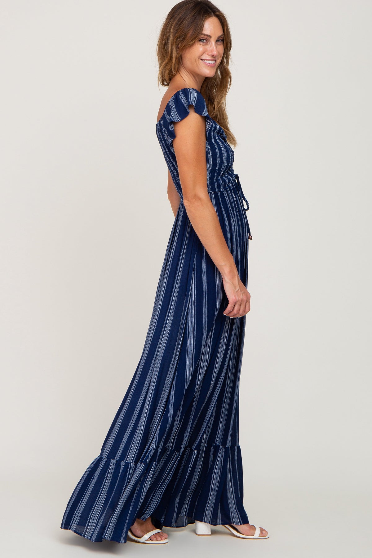 Navy Blue Striped Off Shoulder Front Tie Maxi Dress by PinkBlush (view 2 of 6)