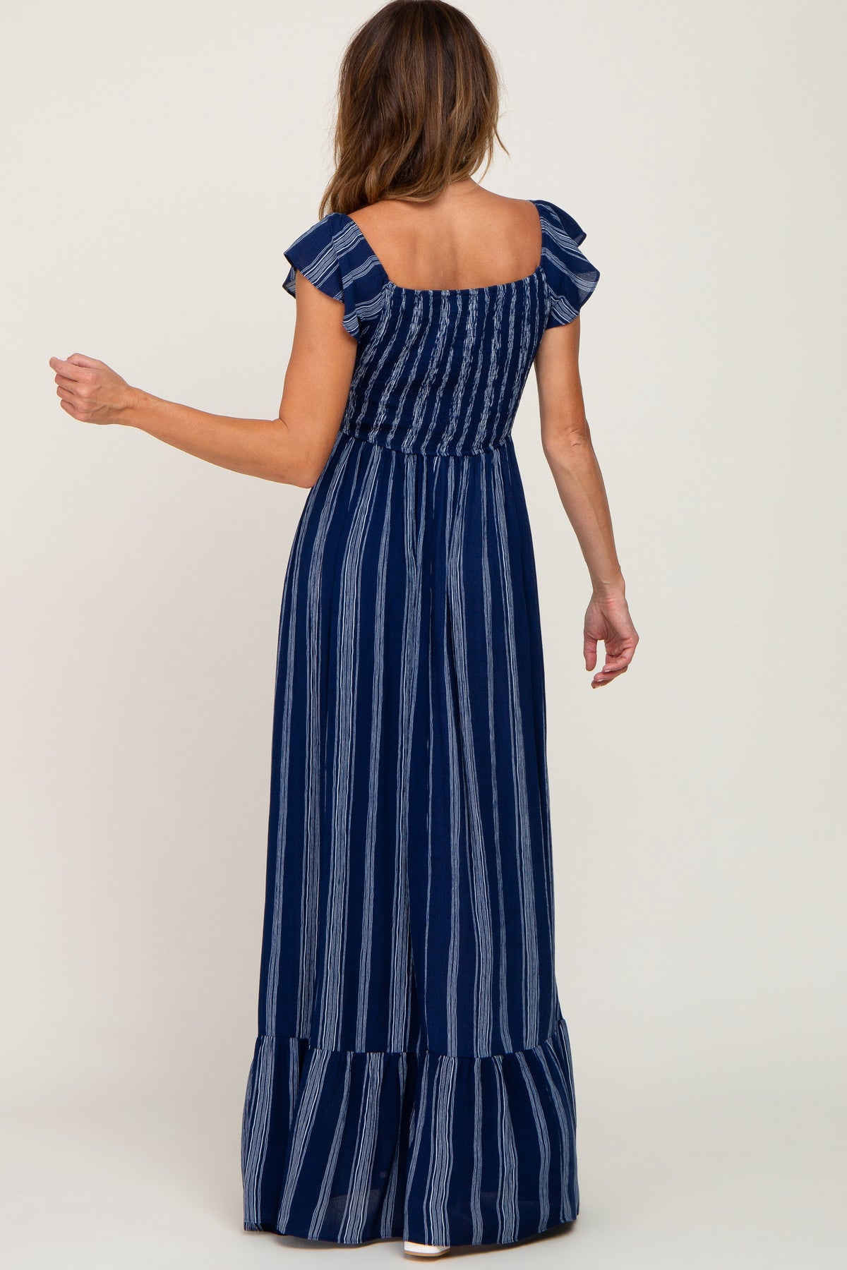 Navy Blue Striped Off Shoulder Front Tie Maxi Dress by PinkBlush (view 3 of 6)