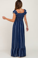Navy Blue Striped Off Shoulder Front Tie Maxi Dress by PinkBlush (view 3 of 6)
