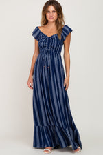 Navy Blue Striped Off Shoulder Front Tie Maxi Dress by PinkBlush (view 4 of 6)