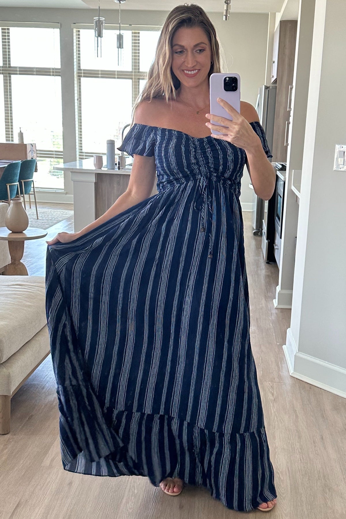 Navy Blue Striped Off Shoulder Front Tie Maxi Dress by PinkBlush (view 5 of 6)